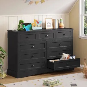 Bedroom Dresser With 9 Drawers, 51.2 inch Long Dresser Tv Stand With Charging Station, Farmhouse Dresser Chest Of Drawers, Large Wood Storage Tower Organizer Dresser For Bedroom, Living Room