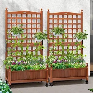 VIVOHOME Wood Planter Raised Bed with Trellis