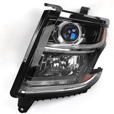 fione headlight compatible with chevy tahoe/suburban 2015-2020 drl halogen headlamp not hid black housing left driver side lh w/o bulbs