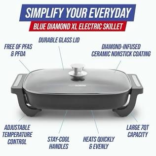 blue diamond 7qt 5-in-1 extra large electric skillet, healthy ceramic nonstick interior, non-toxic pfas-free, temperature control, mother's day gift, stay cool handles, easy clean, graphite