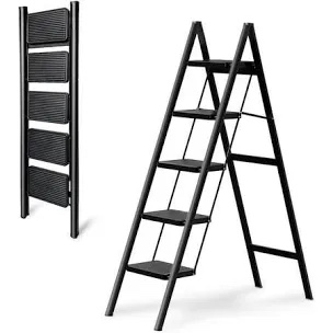 step ladder 5 step folding, oosofitt 330 lbs load heavy duty step ladders for home/indoor, tall kitchen/closet ladder for adults, lightweight compact ladder with anti-slip wide pedal white