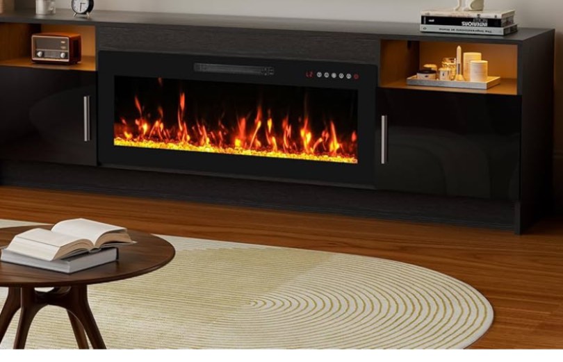 Denton TV Stand for TVs up to 80'' with Electric Fireplace, High Gloss Entertainment Center with LED Lights, Modern TV Console Cabinet, Media Console