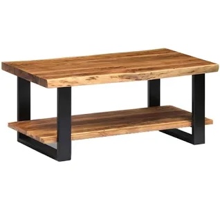 adalwine alpine natural wood live edge coffee table w/ metal strap legs, brown, black metal accents, unique imperfections, clear natural finish, perfect living room table