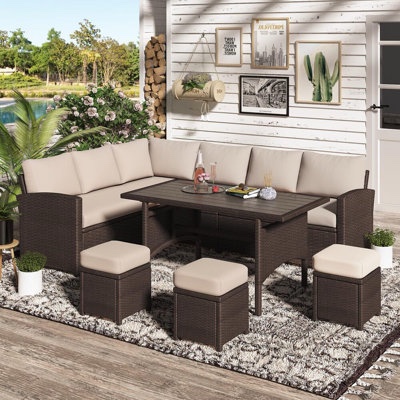 Hinesville 7 Piece Rattan Lounge Dining with Cushions