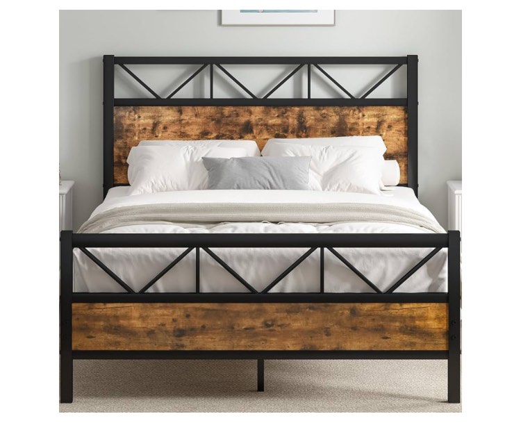 Bed Frame, Industrial Platform Bed With Headboard Footboard, Metal And Wooden Bed Frame, Heavy Duty Steel Slats Support, No Box Spring Needed Non-Slip Noise Free, Rustic Brown