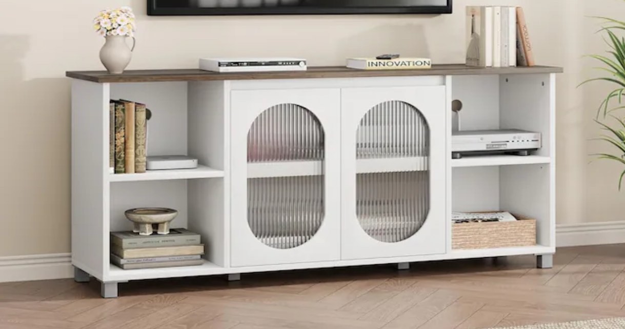 Ataucjin Modern TV Stand for 65 Inch, Black Entertainment Center with Storage and Shelves, Wooden TV Stand Cabinet with Glass Doors, Media Console Cabinet Furniture for Living Room Bedroom