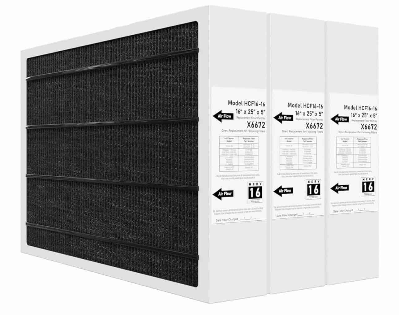 X6672 MERV 16 Filter 16x25x5 Compatible with Lennox X6672 Merv 16 Home Furnace Filter for HVAC System, Number HCF16-16, (Actual Size: 15.75 x 24.75 x 4.37 In), 3 Pack ( Has some Bending)