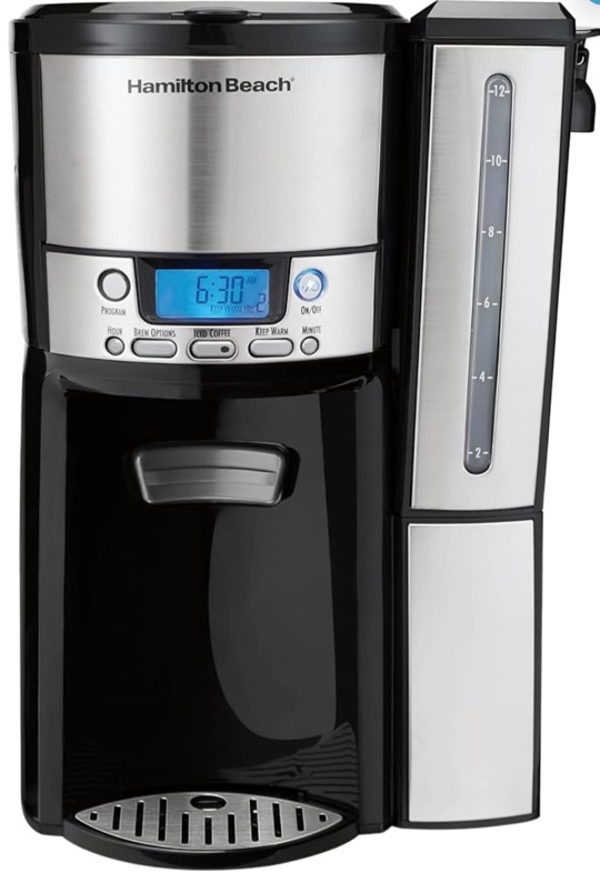 Hamilton Beach One Press Programmable Dispensing 12 Cup Coffee Maker with Internal Coffee Pot, Stays Warm and Fresh for Hours, 60 oz. Removable Reservoir, Black & Stainless Steel (47950)