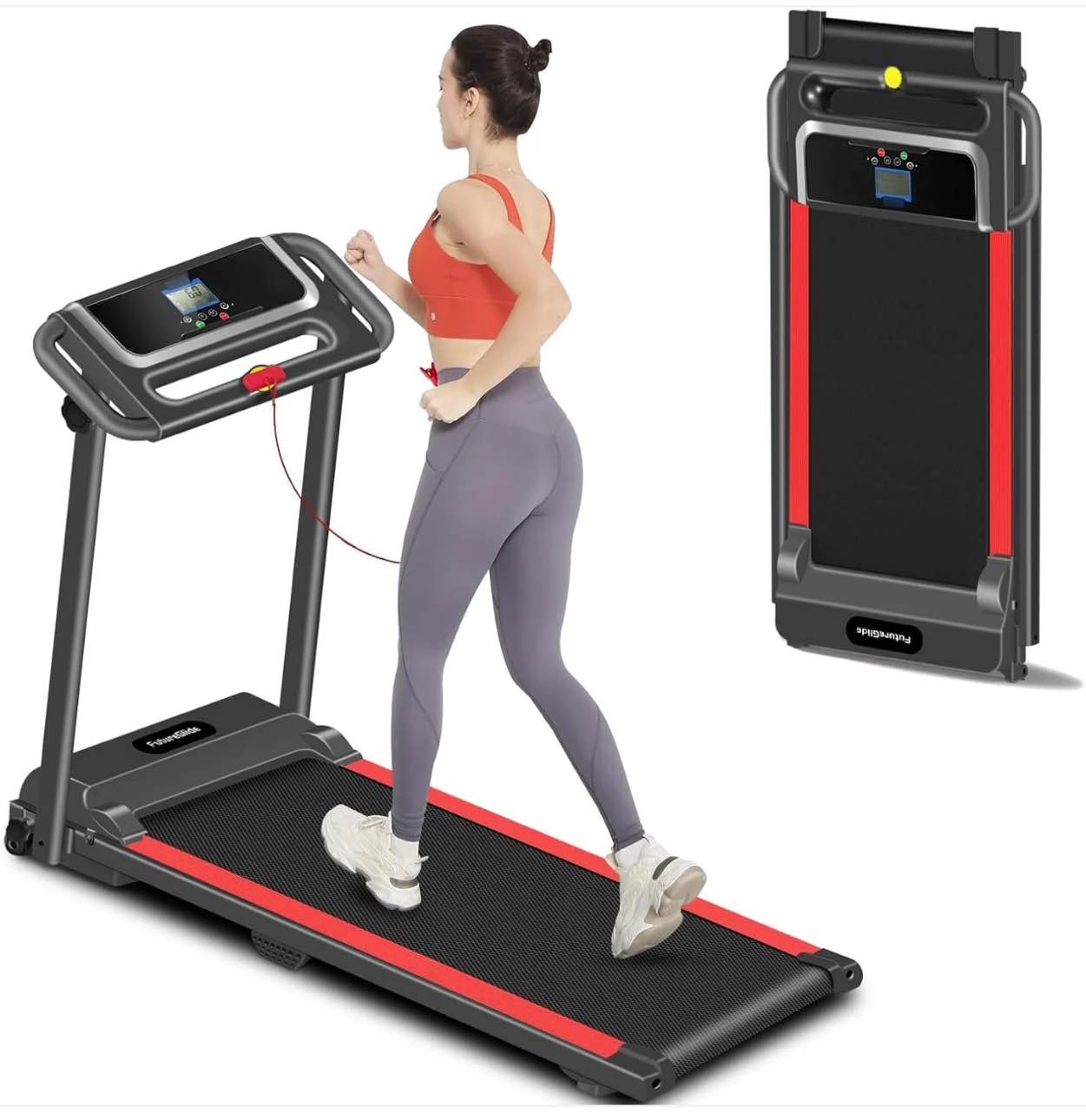Portable Folding Treadmill, 3.0 HP Foldable Compact Treadmill for Home with 300 lbs Capacity, Walking Running Treadmill with LED Display for Exercise, Black-Red