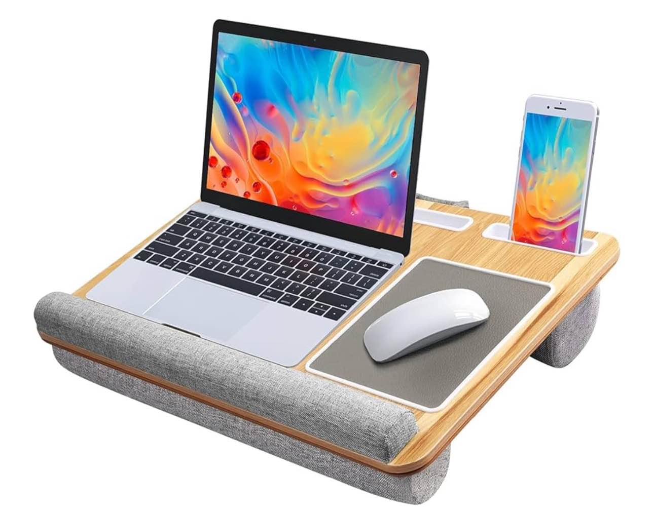 HUANUO Lap Desk - Fits up to 17 inches Laptop Desk, Built in Mouse Pad & Wrist Pad for Notebook, Laptop, Tablet, Lap Stand with Tablet, Pen & Phone Holder (Wood Grain)