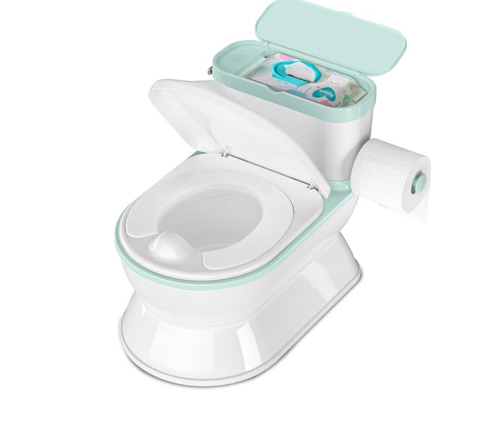 2-In-1 Toddler Potty Training Toilet - Larger Potty Chair & Detachable Training Seat for Boys & Girls Ages 1-3 with Flushing Sound, Wipes Storage, Toilet Paper Holder - Cyan
