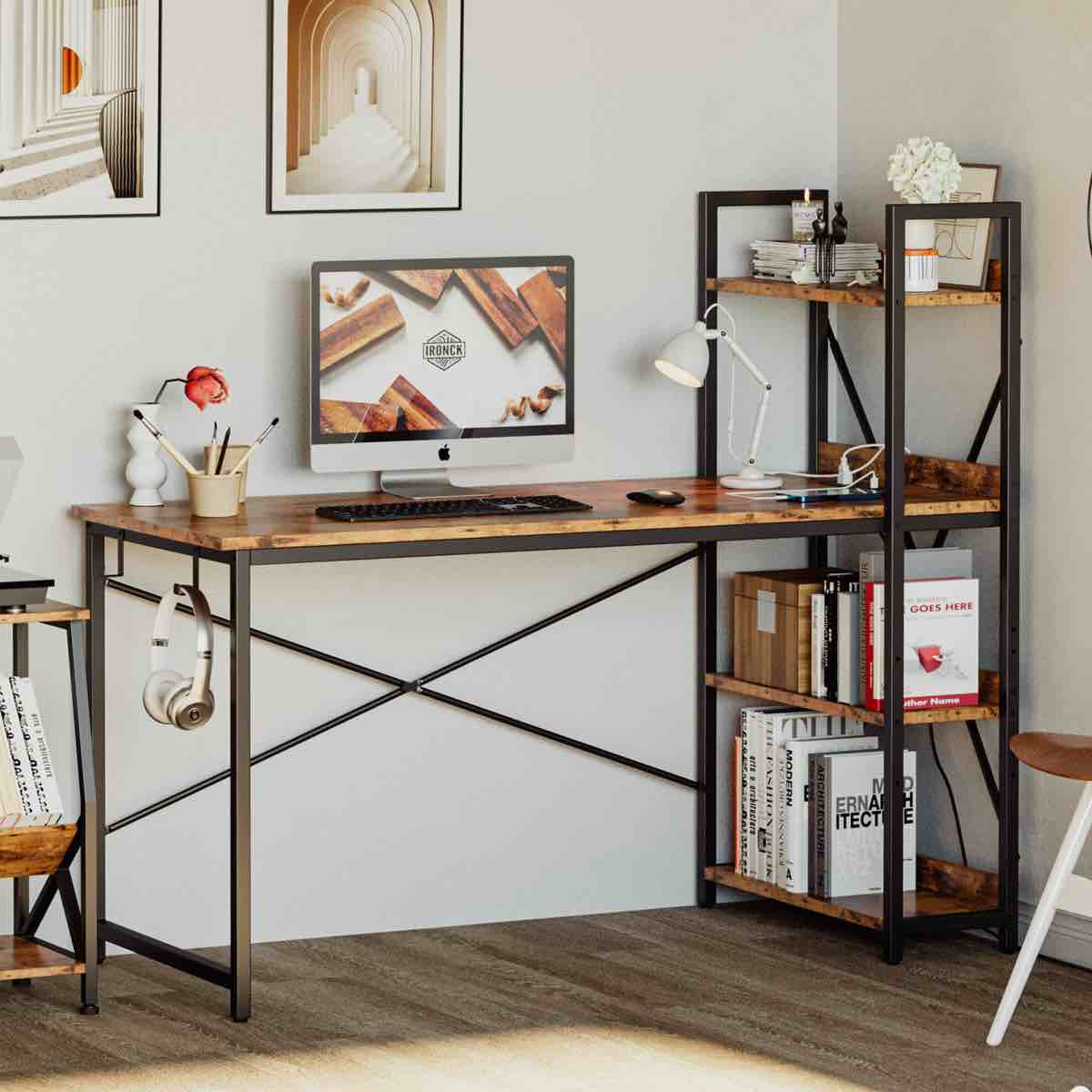 Sarahlouise Computer Desk with Power Outlet & Storage Shelves, PC Desk Workstation for Home Office