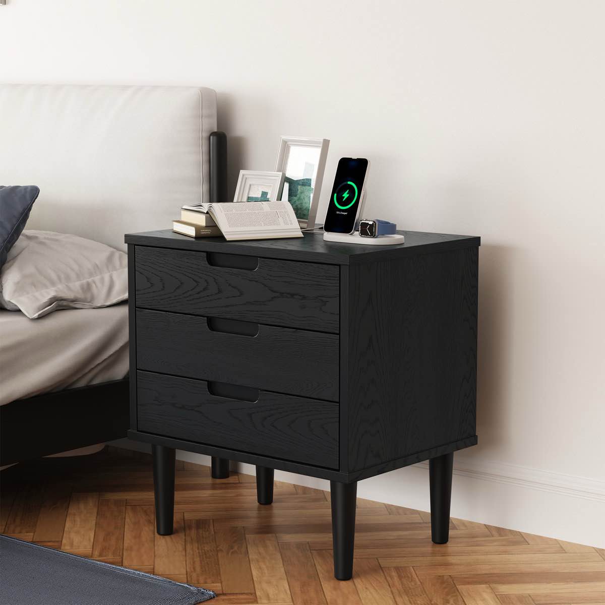3 Drawers Solid Wood Nightstand With Storage, 2 Power Outlets, 1 Usb Port, And 1 Type C Port