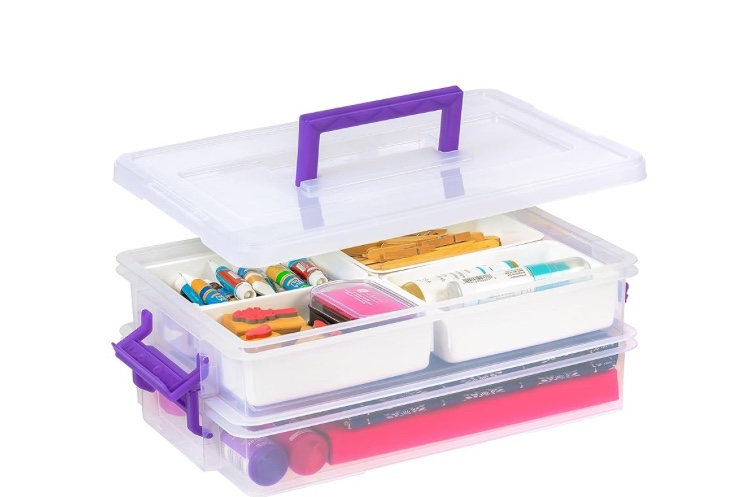 iris usa 9.4 qt 2 layer stack and carry storage containers with bulked-up lid and 4 removable dividers, for art & craft supplies stationeries medicine play-doh nail polish,portable,clear/violet 500261
