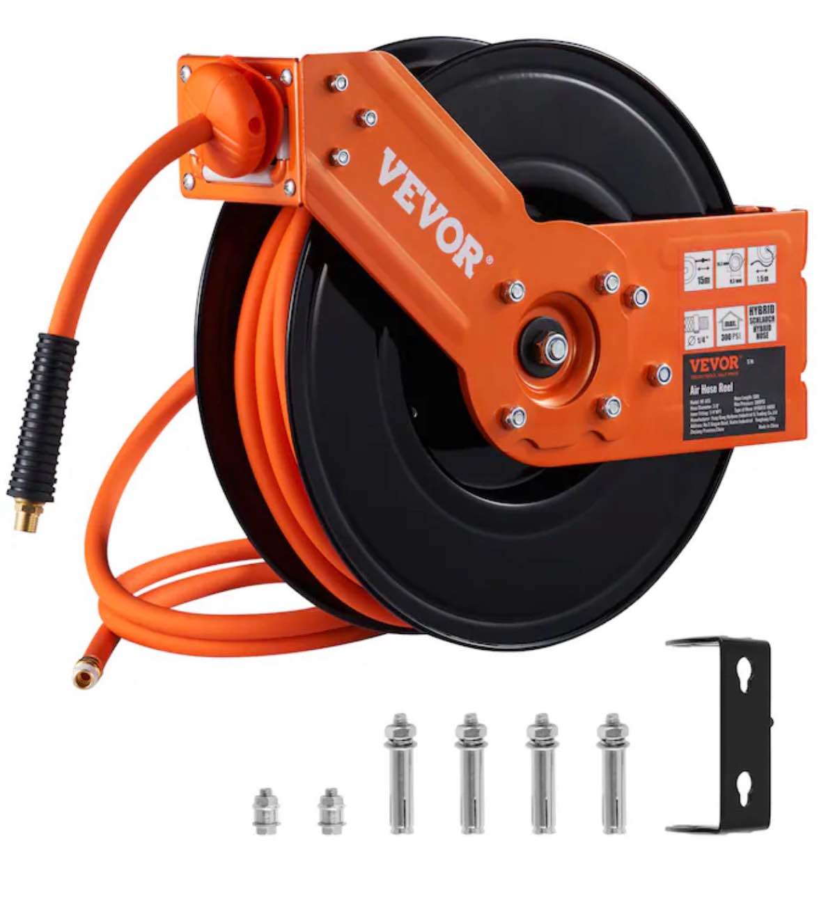 VEVOR 3/8" x 50ft Retractable Air Hose Reel, Max 300 PSI Auto Rewind 