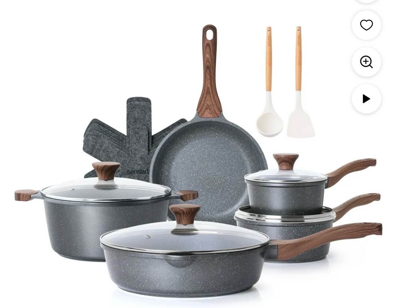 SENSARTE Nonstick Pots and Pans Set, 17 Pieces Non Stick Granite Cookware Set, Induction Kitchen Cookware Sets Gray