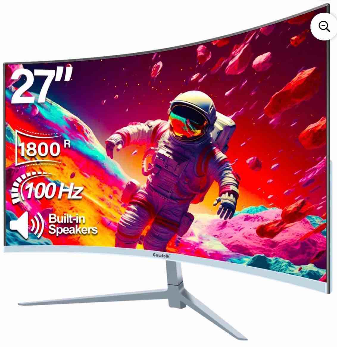Gawfolk 27 inch Curved Monitor 100hz, PC White Computer Gaming Monitor FHD 1080P, 1800R, Frameless, Built-in Speakers
