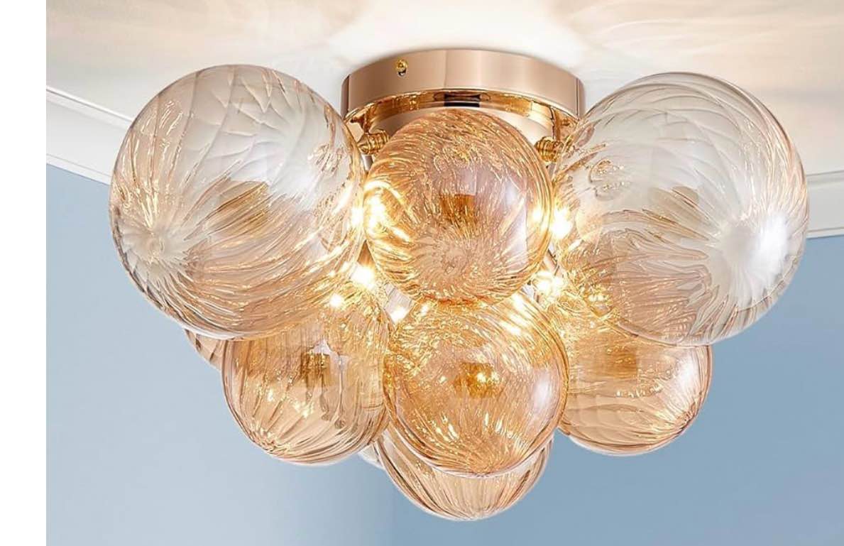 AGV LIGHTING Modern Bubble Glass Flush Mount Ceiling Light Fixture, Gold 4-Light Ceiling Chandelier with Amber Textured Glass Globe Shades, 18” Living Room Bedroom Dining Room Lighting