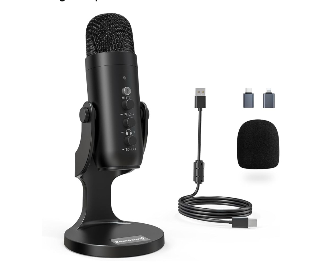 ZealSound USB Microphone,Condenser Computer PC Mic,Plug&Play Gaming Microphones for PS 4&5.Headphone Output&Volume Control,Mic Gain Control,Mute Button Vocal,YouTube Podcast on Mac&Windows(Black)