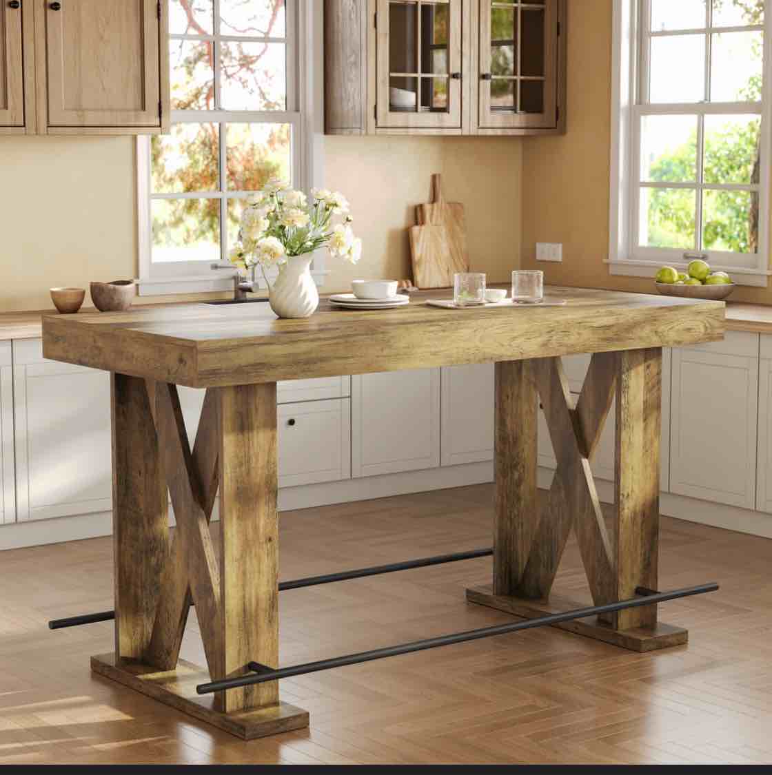 Counter Height Bar Table, 63-Inch Wooden Pub Table With Metal Footrest For Dining Kitchen Breakfast