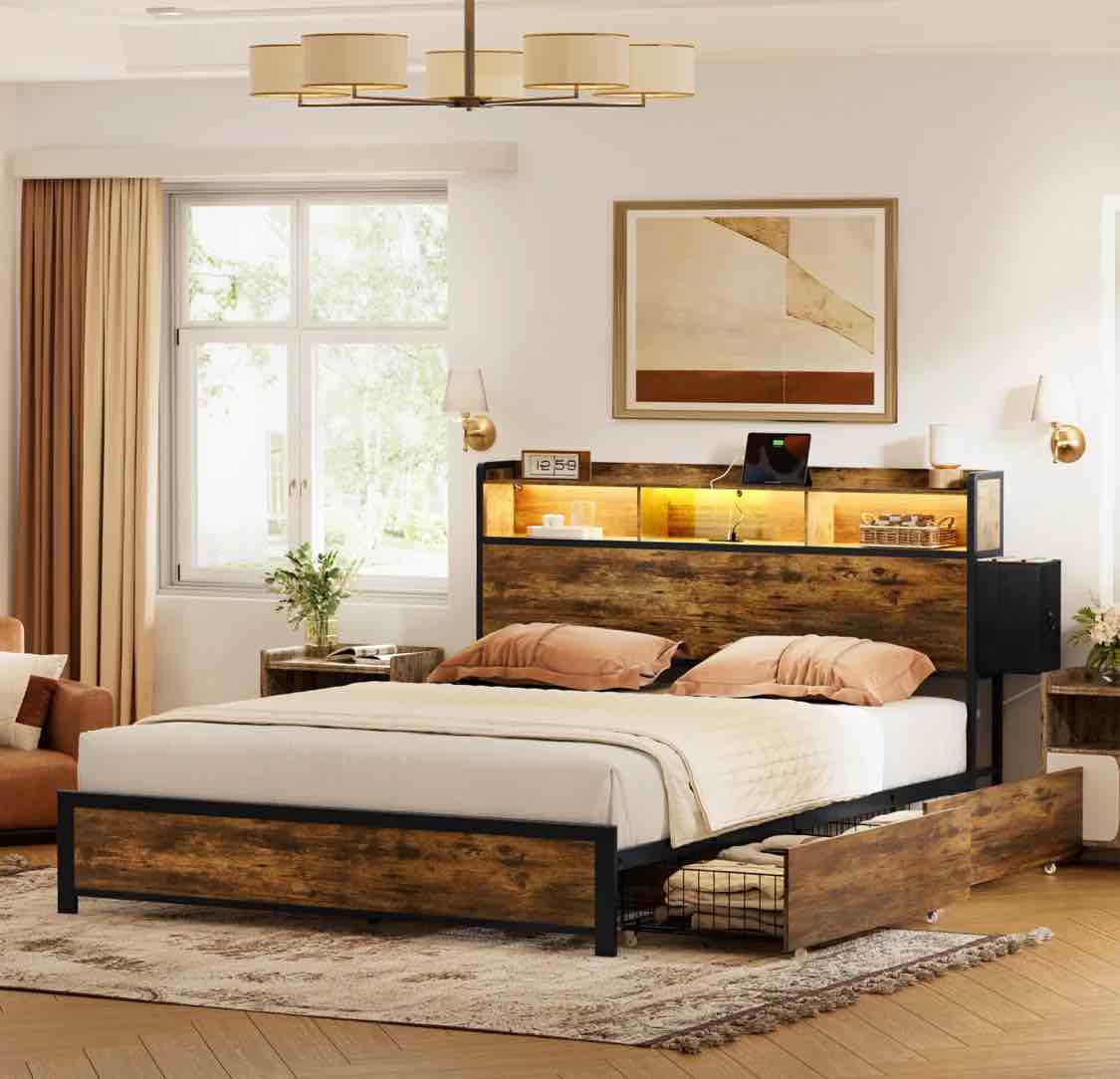 Antioch Queen Bed Frame with 2 Underbed Drawers, Modern Platform Bed with Charging Station & LED Light, Storage Headboard with 2 Bedside Drawers & Open Bookcase Shelves, Rustic Brown