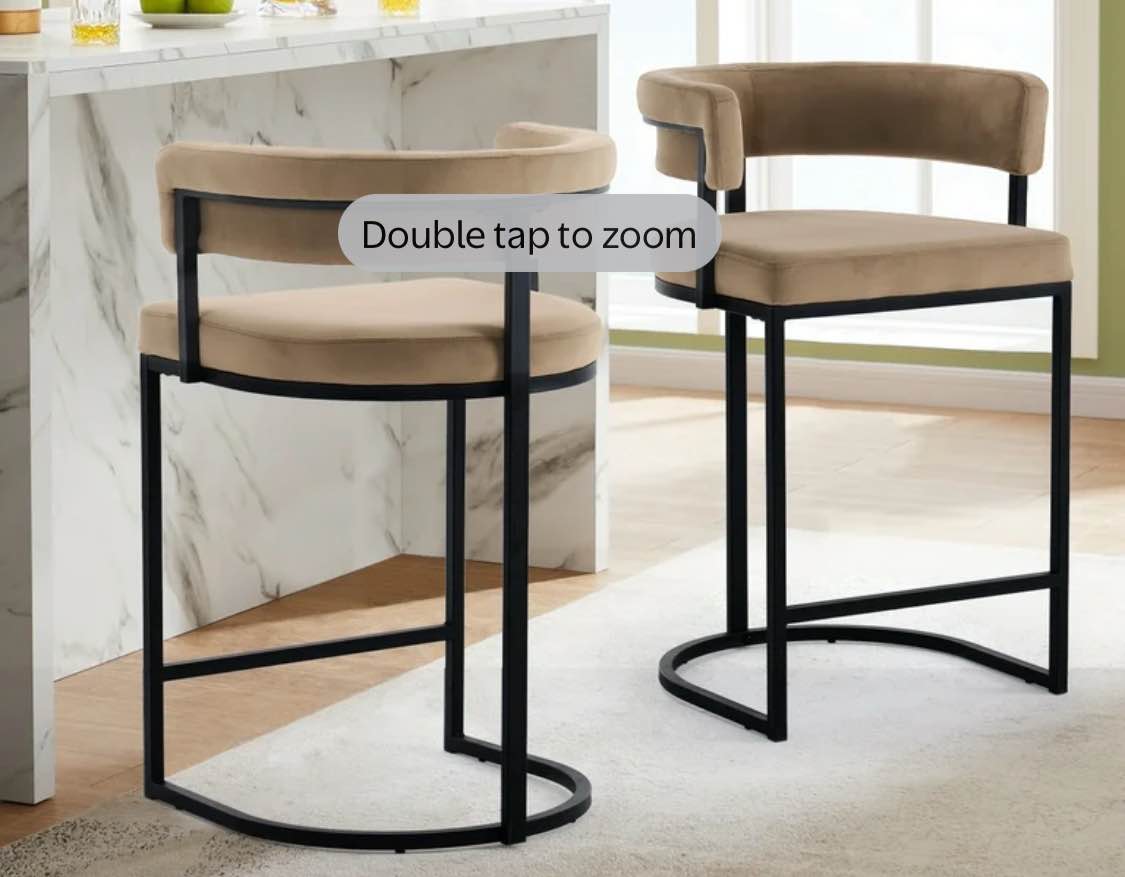 Beige Modern Velvet Bar Stools with Barrel Backrest, Upholstered Seat, and Gold Metal Footrest – 25.6-Inch Seat Height, Ideal for Counters, Home Bars, and Kitchen Islands ( only one stool)