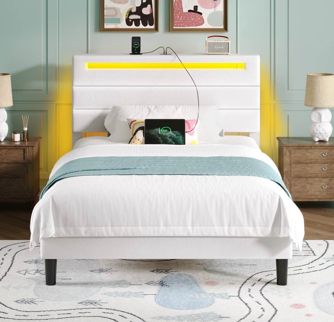 platform bed with upholstered headboard ,bed frame with led lights and charging station