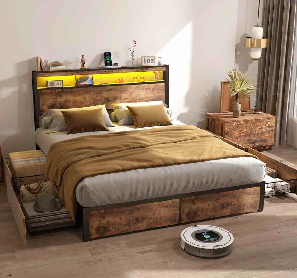 hugo bed frame with 4 storage drawers and 2-tier solid wood headboard storage with charging station and led lights, noise free