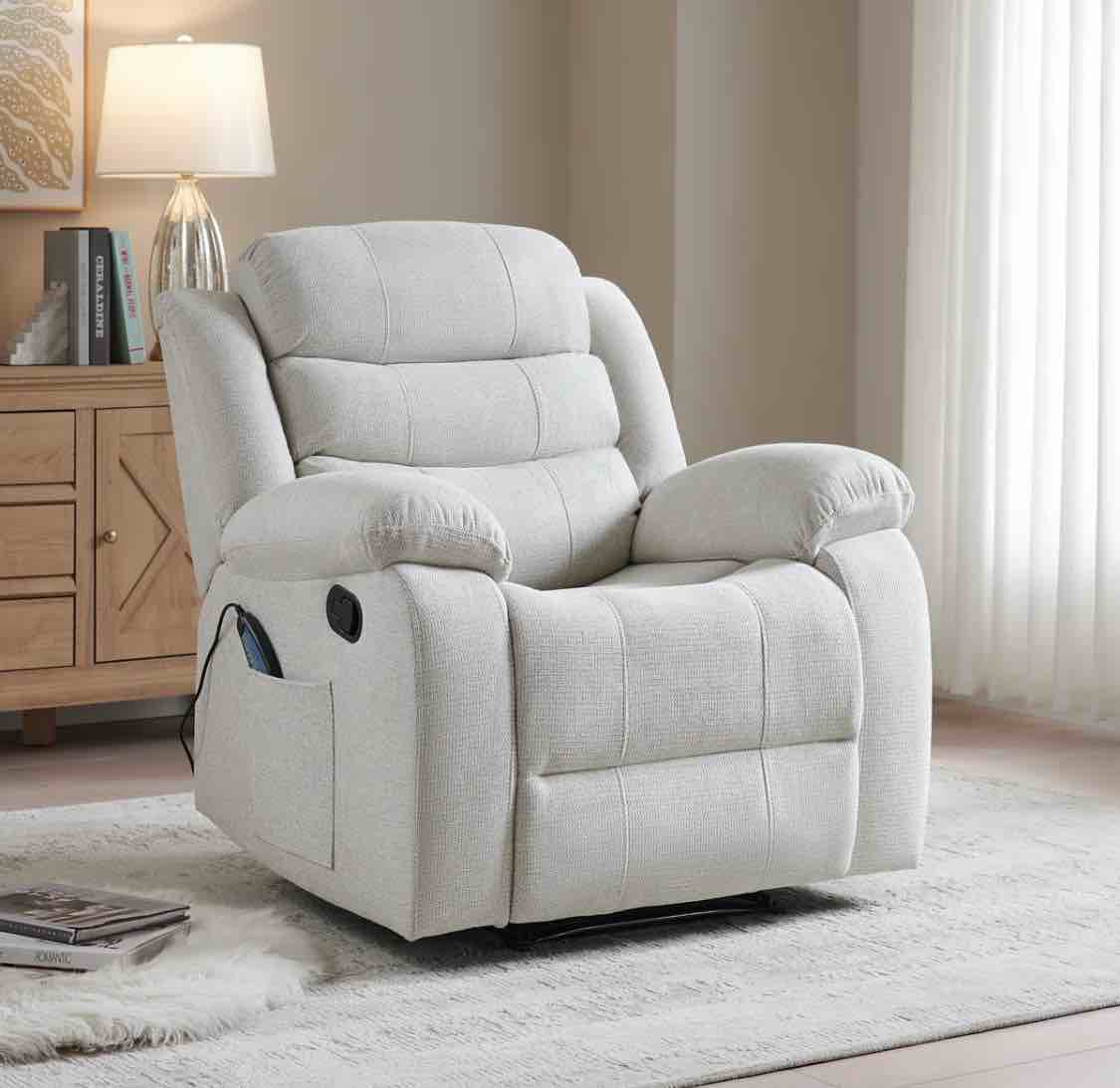 37" Wide Modern Polyester Blend Soft Backrest Manual Recliner with Massage & Heating Function Beige
