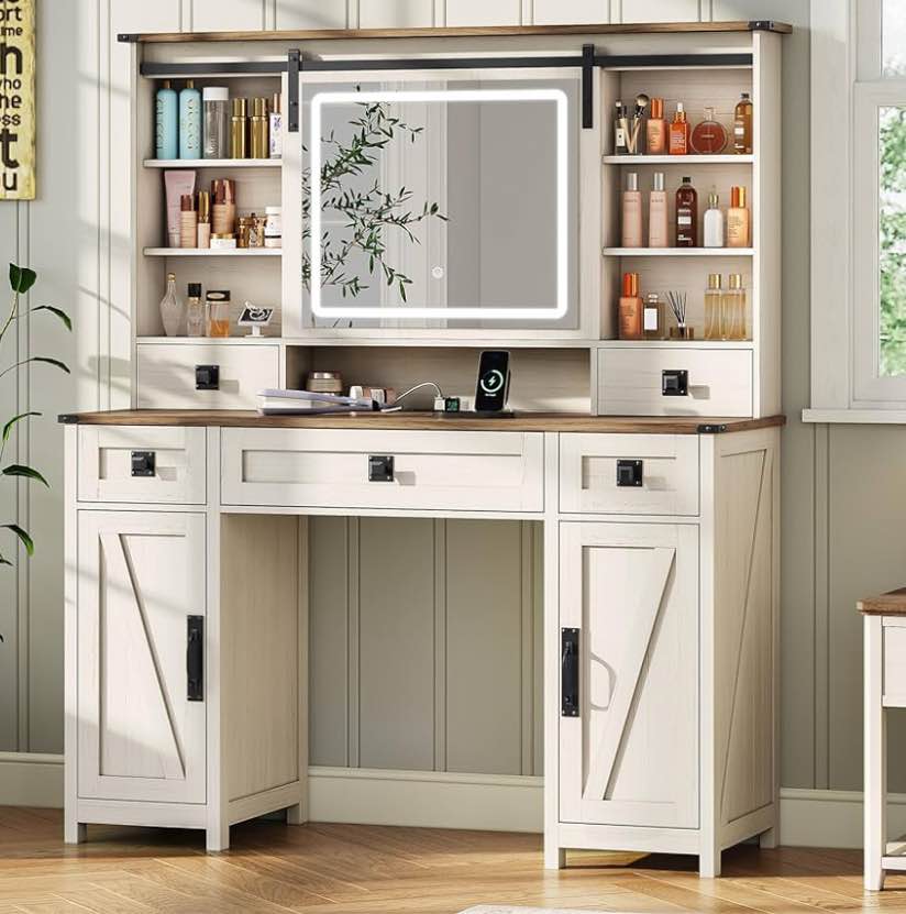 Farmhouse Makeup Vanity Desk with Sliding Mirror and Lights, 47.2" Big Vanity Table with Charging Station, Makeup Desk with 5 Drawers & 2 Cabinets, ( incomplete box 2 only similar in stock gray color)