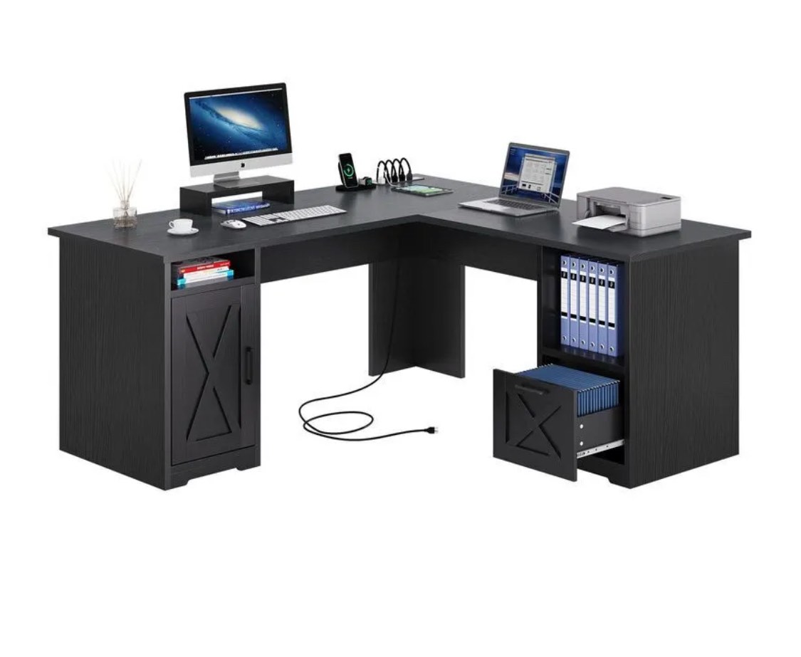 YITAHOME L Shaped Desk with Power Outlets, 60 Inch Computer Desk Corner Desk with File Drawer, Home Office Desk with Monitor Stand & Storage Shelves, L-Shaped Desk with File Cabinet, (beige color )