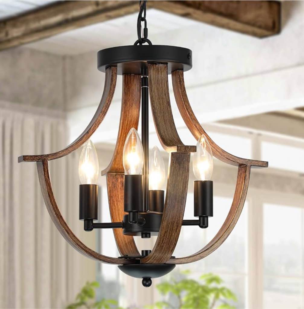 Farmhouse Hanging Pendant Lighting, 4-Light Rustic Flush Mount Ceiling Light Fixture,Modern Faux Wood Vintage Chandelier for Dining Room Kitchen Island Foyer Hallway Entryway Bedroom