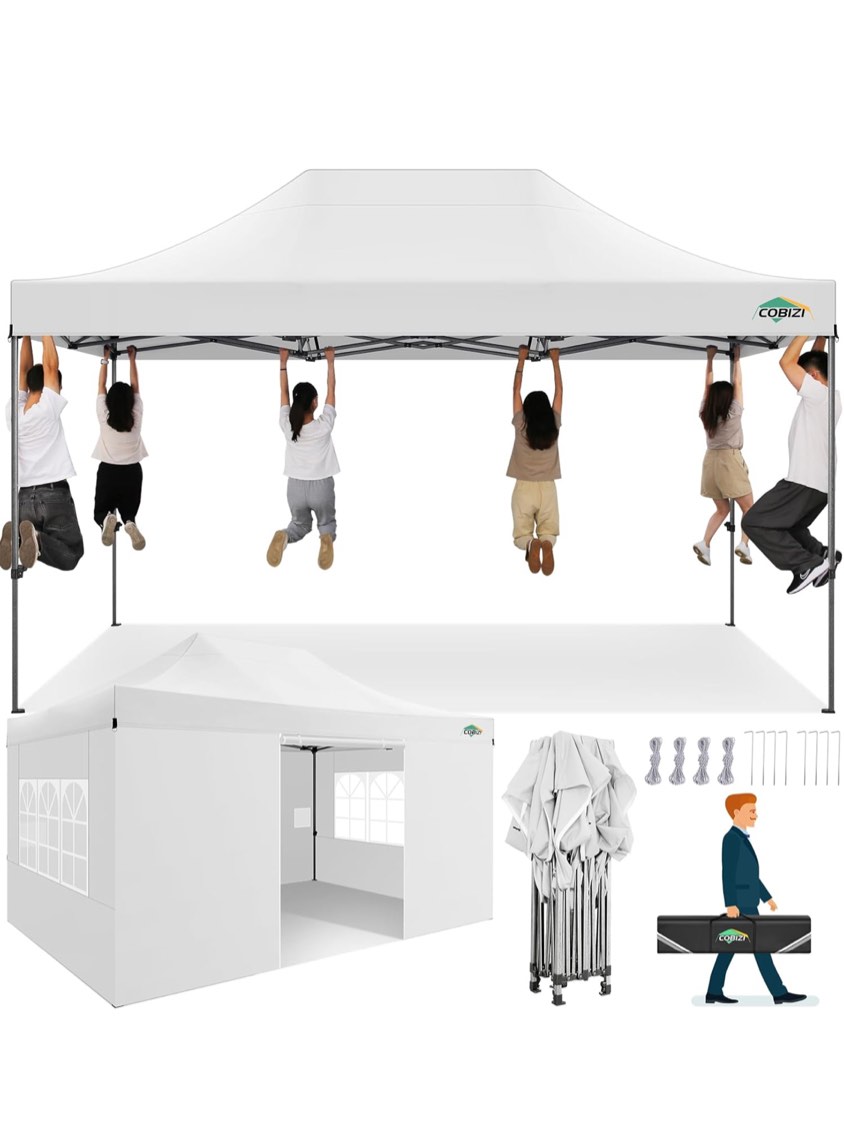 COBIZI 10x15 Heavy Duty Pop up Canopy Tent with 4 sidewalls Commercial Outdoor Canopy Wedding Party Tents for Wedding All Season Wind & Waterproof Gazebo with Carry Bag, White(Frame Thickened) similar in stock gray)