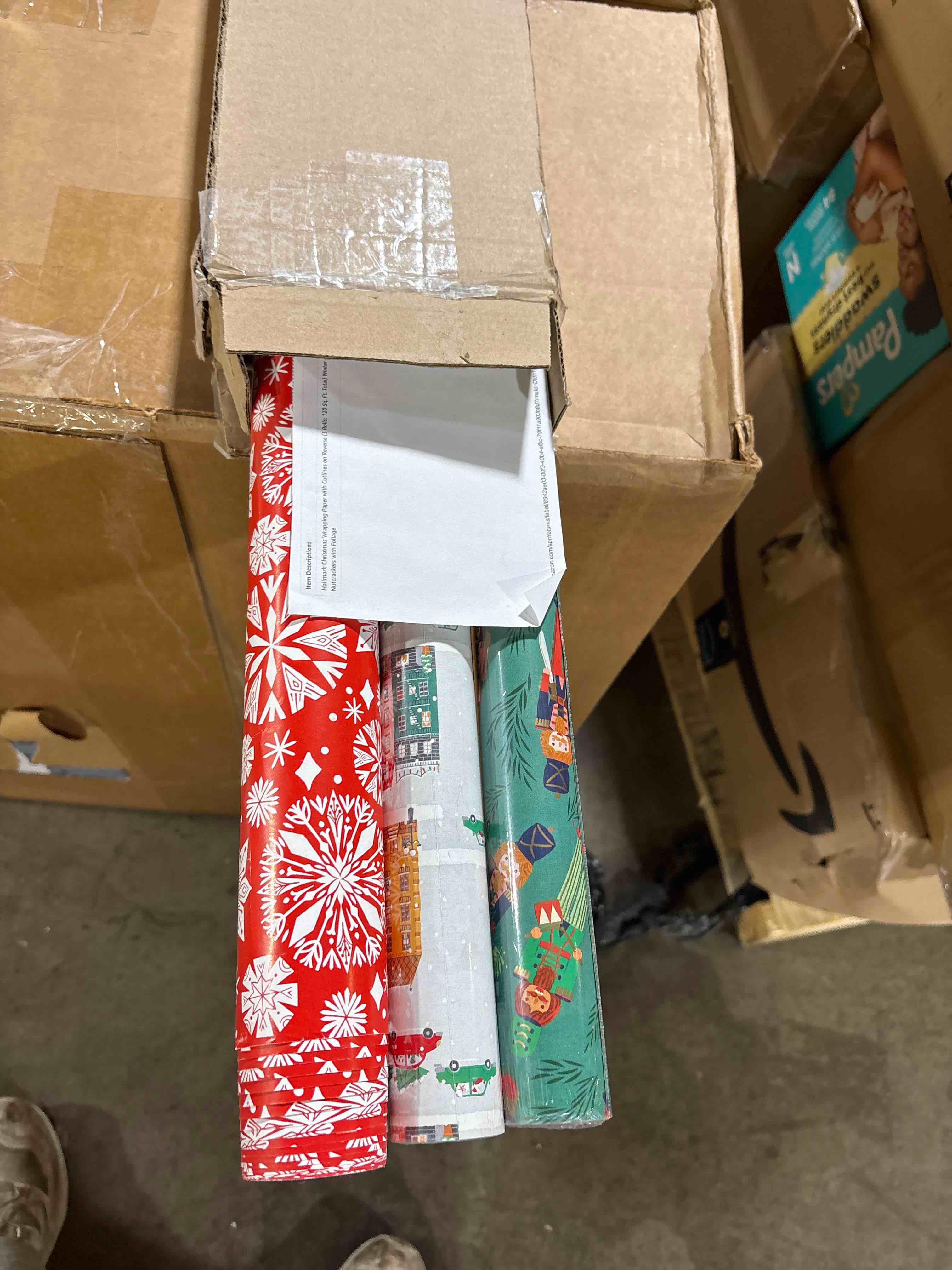 Condition photo showing Good Condition for Hallmark Reversible Christmas Wrapping Paper for Kids (3 Rolls: 120 Sq. Ft. Total) Snowmen, Stripes, Trees, Skiing Santa, Zebras, Hedgehogs, Penguins Santa, Zebra, Penguin, Hedgehog, Blue, Snowman Wrapping Paper