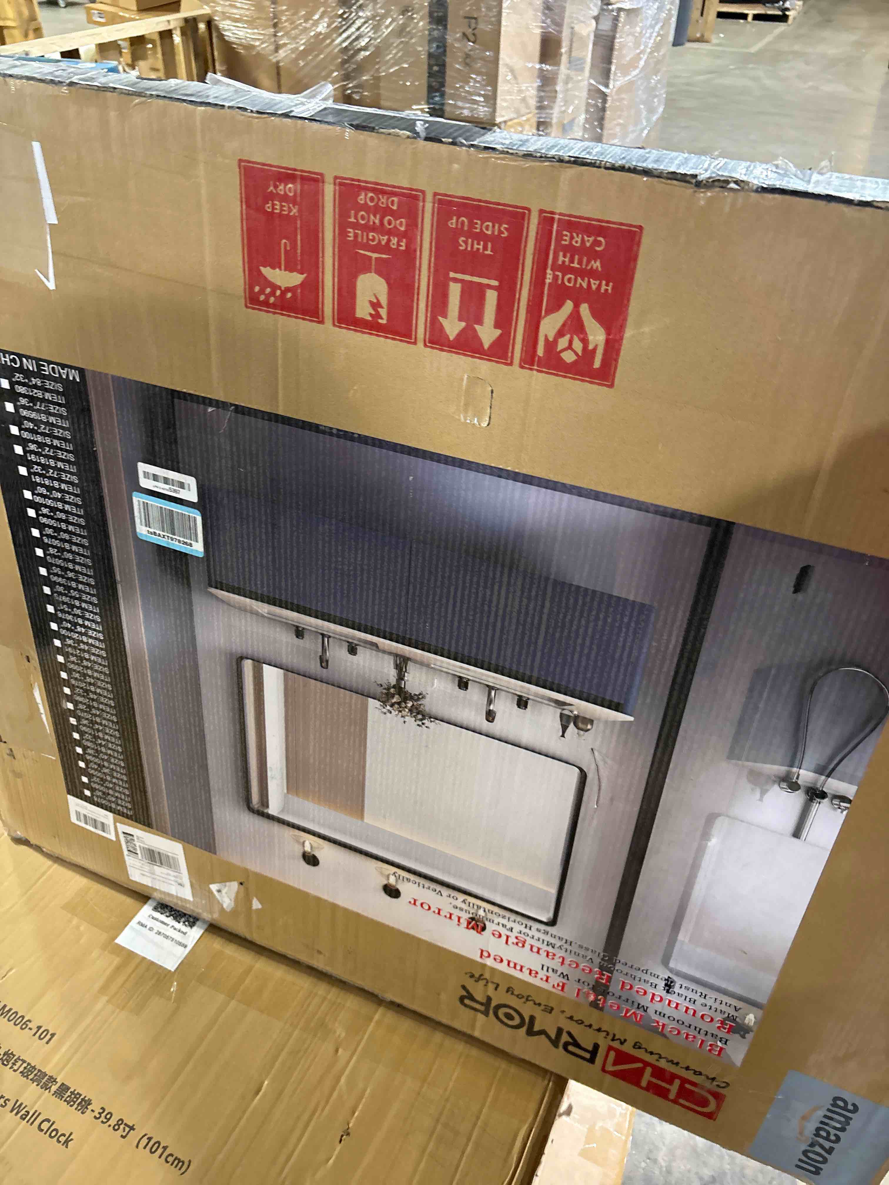 Condition photo showing Good Condition for 44x36 Inch Black Metal Framed Bathrrom Mirror for Wall, Black Matte Rounded Rectangle Bathroom Vanity Mirror, Anti-Rust, Tempered Glass, Hangs Horizontally or Vertically