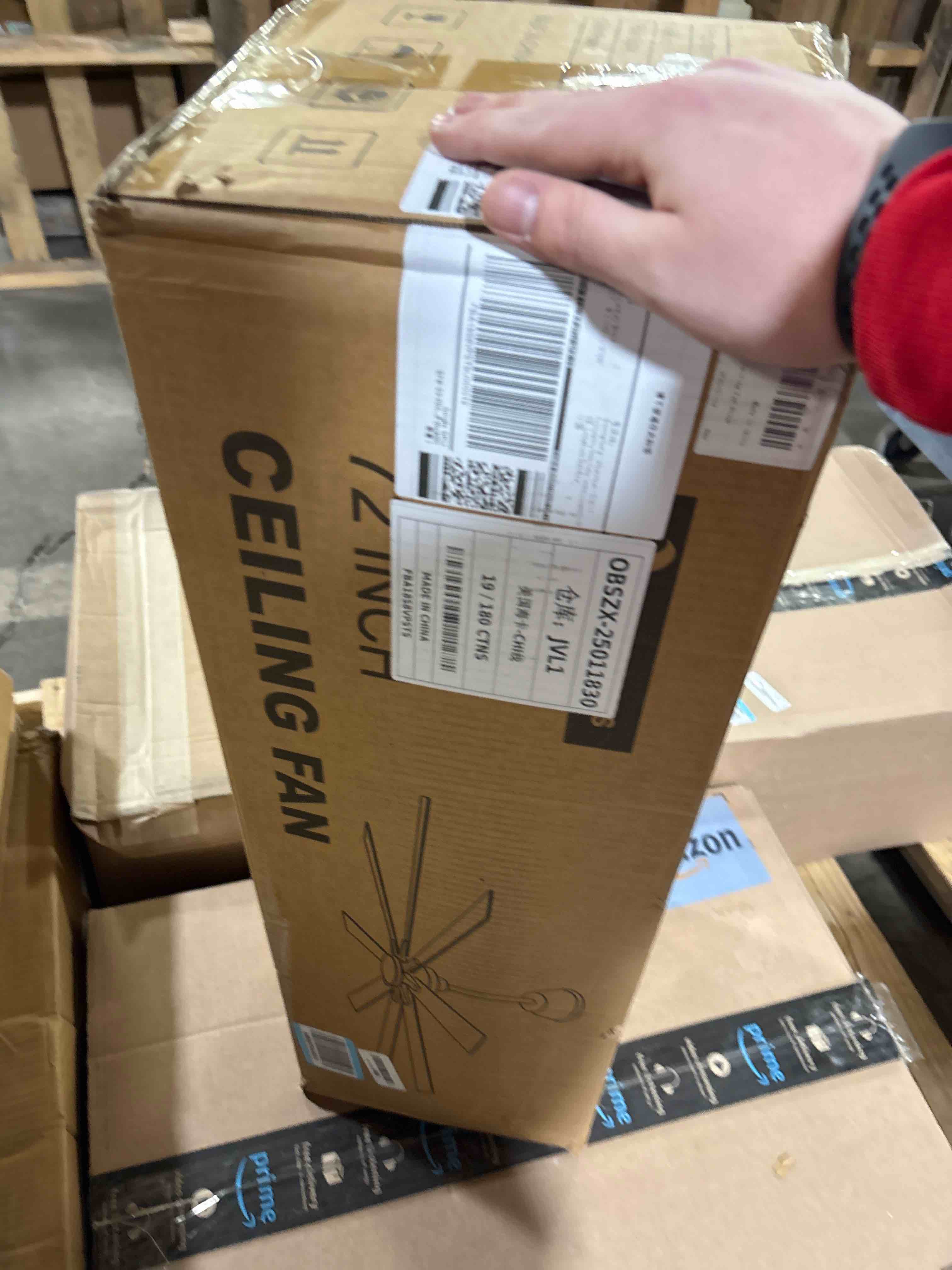 Condition photo showing New/Like New for 72 Inch Large Ceiling Fans with Lights and Remote, Black Ceiling Fan with Quiet DC Motor, 3CCT Dimmable, 3 Downrods, 8 Dual Finish Blades Industrial Ceiling Fan for Kitchen Living Room Patio Black and Walnut Wood Blades 72 Inch Large Ceiling Fan