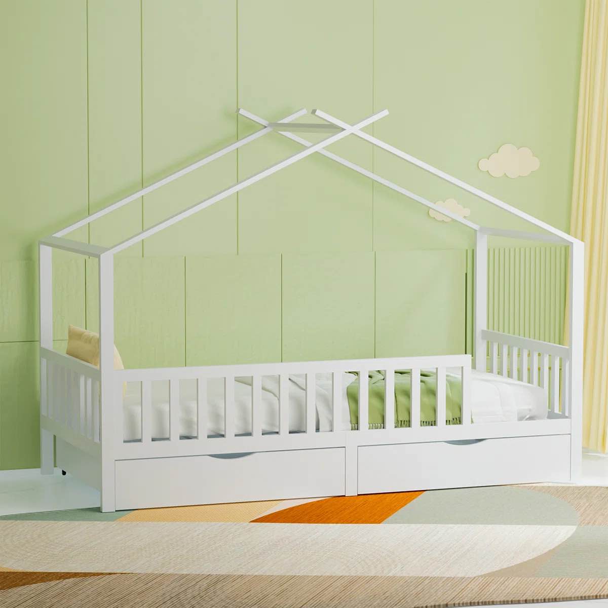Full House Bed With 2 Storage Drawers, Kids Full Bed Frame With Rails And Roof, Tent Bed, Full Daybed, Full Montessori Bed For Kids Teens No Box Spring Needed (White)