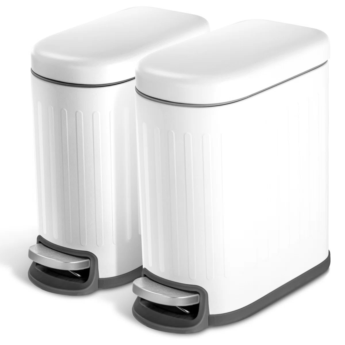 Home Zone Living 2-Pack 1.3 Gallon White Slim Stainless Steel Bathroom Trash Can with Soft-Close Lid and Removable Liner (Set of 2)