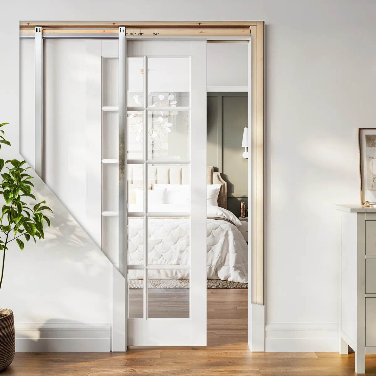 Clear Glass 10-Lite Sliding Pocket Door White Standard Door with Hardware Kit Set