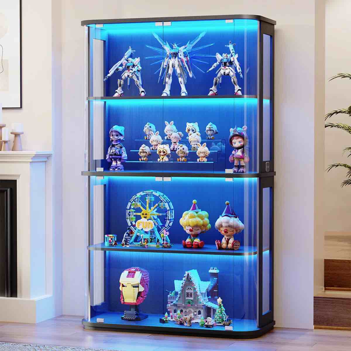 Display Cabinet With Glass Door, 4-tier Curio Cabinet With 3 Color Lights For Collectibles, Glass Display Case With Transparent Full-display Surface, Human Body Sensor, Black, Similar*