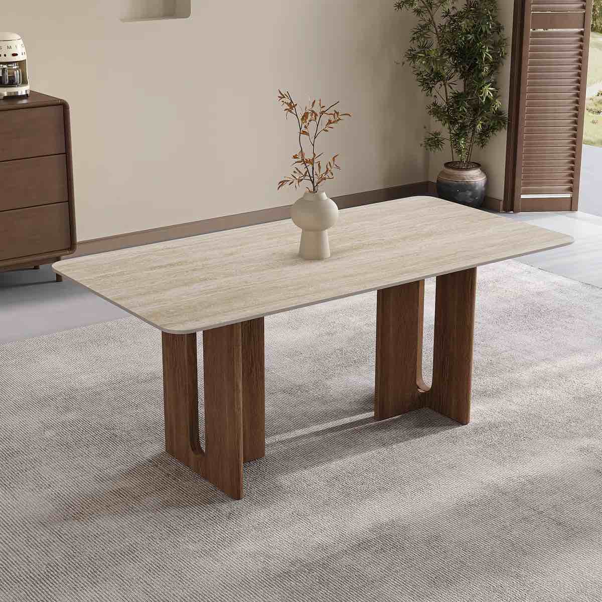 63'' Stone Dining Table for 6, Rectangle Dining Table with Double Wood Legs, Mid Century Modern Kitchen Table, BASE ONLY