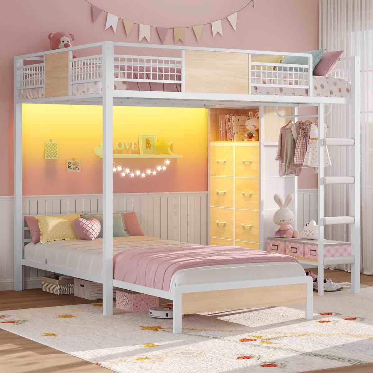Full Over Twin Bunk Bed With 8 Storage Drawers, Metal Loft Bed With Led Lights And Storage Shelves,  BOX 2 ONLY 