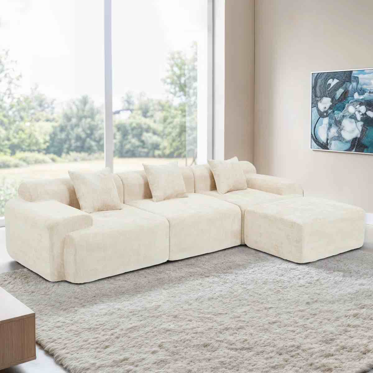120" Sectional Sofa Comfy Cloud Couch For Living Room Modern Chenille Upholstered Sectional With Throw Pillows, Ottoman, INCOMPLETE BOX 1 of 2 ONLY