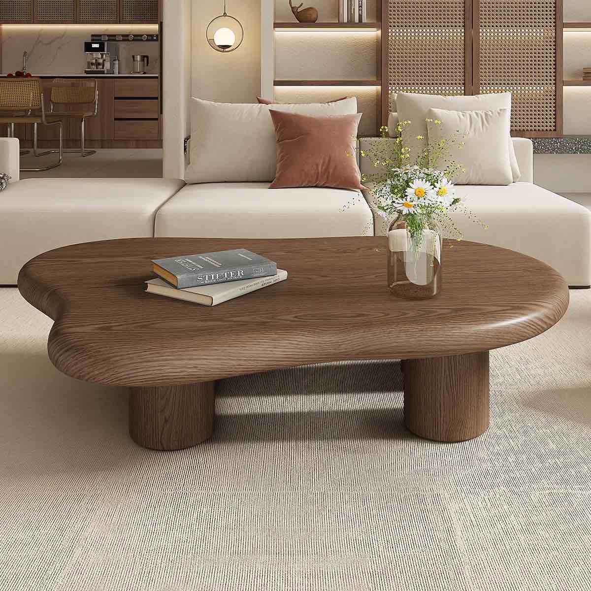 48.5" Rustic Cloud Shape Coffee Table With 4 Legs, Vintage Walnut Veneer Finish, Wood Coffee Table for Living Room, TABLE Top Only*