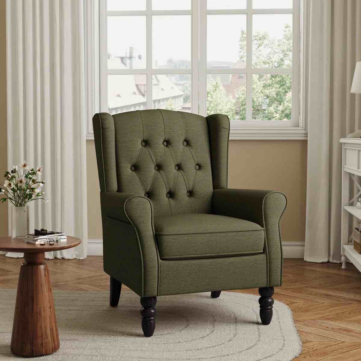 Duward Upholstered Green Button Tufted Wingback Accent Chair with Rolled Arm and Thick Padded Cushion