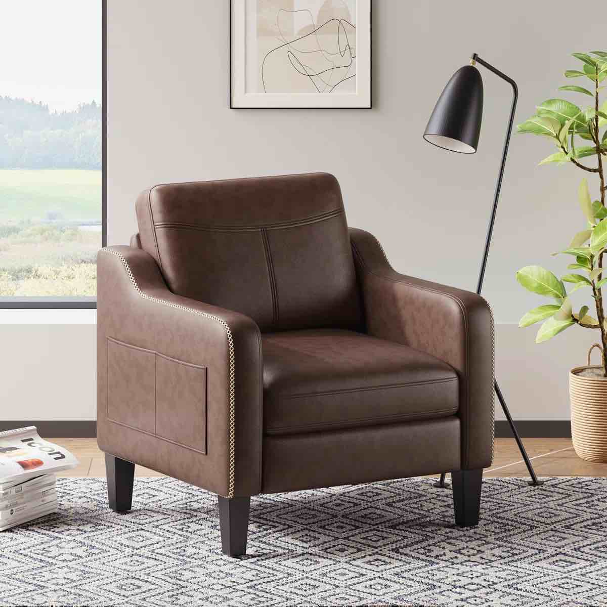 Wide Upholstered Accent Chair Faux Leather Armchair