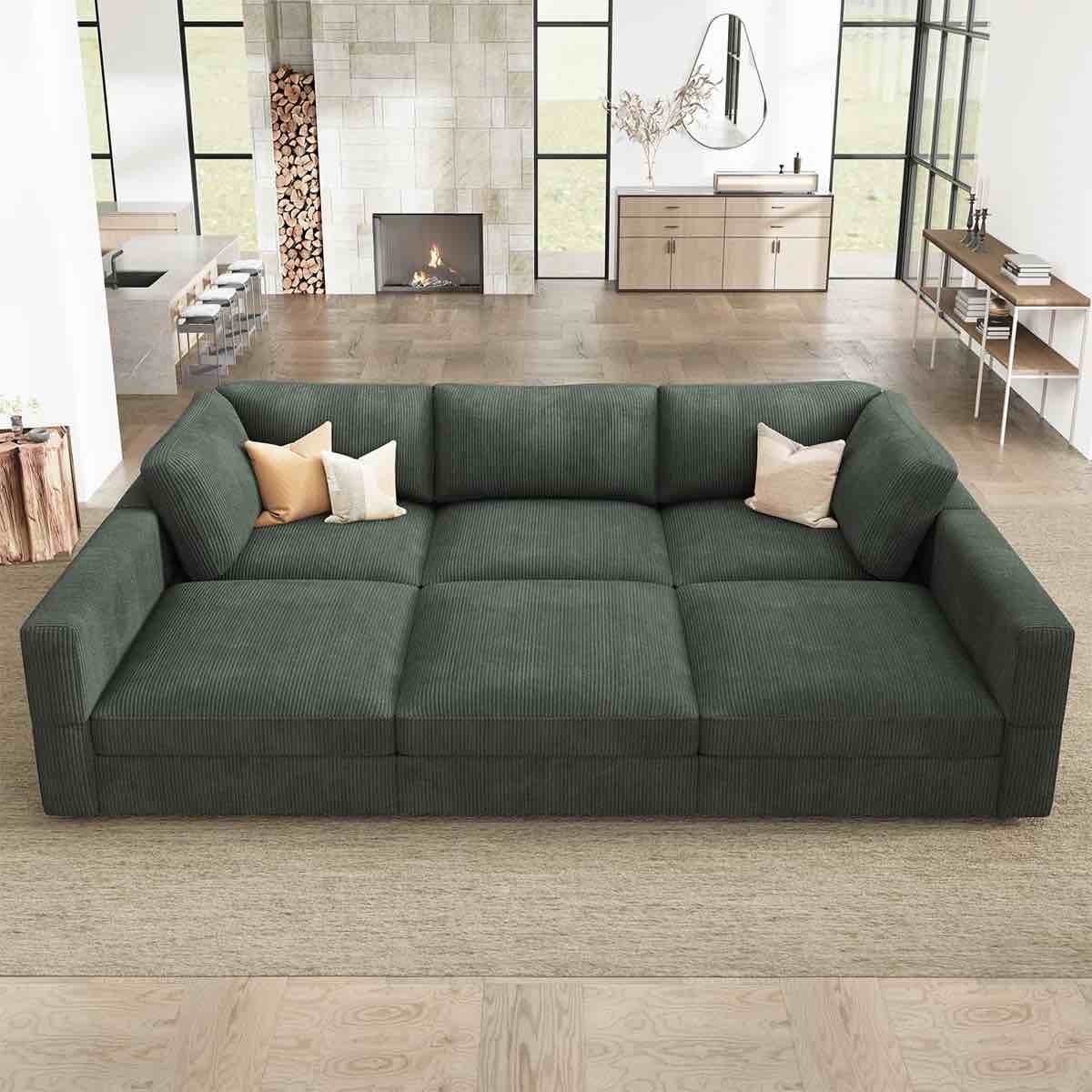 U-Style 165.5” Modular Sectional Green Sofa, INCOMPLETE, ARM RESTS, CENTER SEAT, AND OTTOMAN ONLY*
