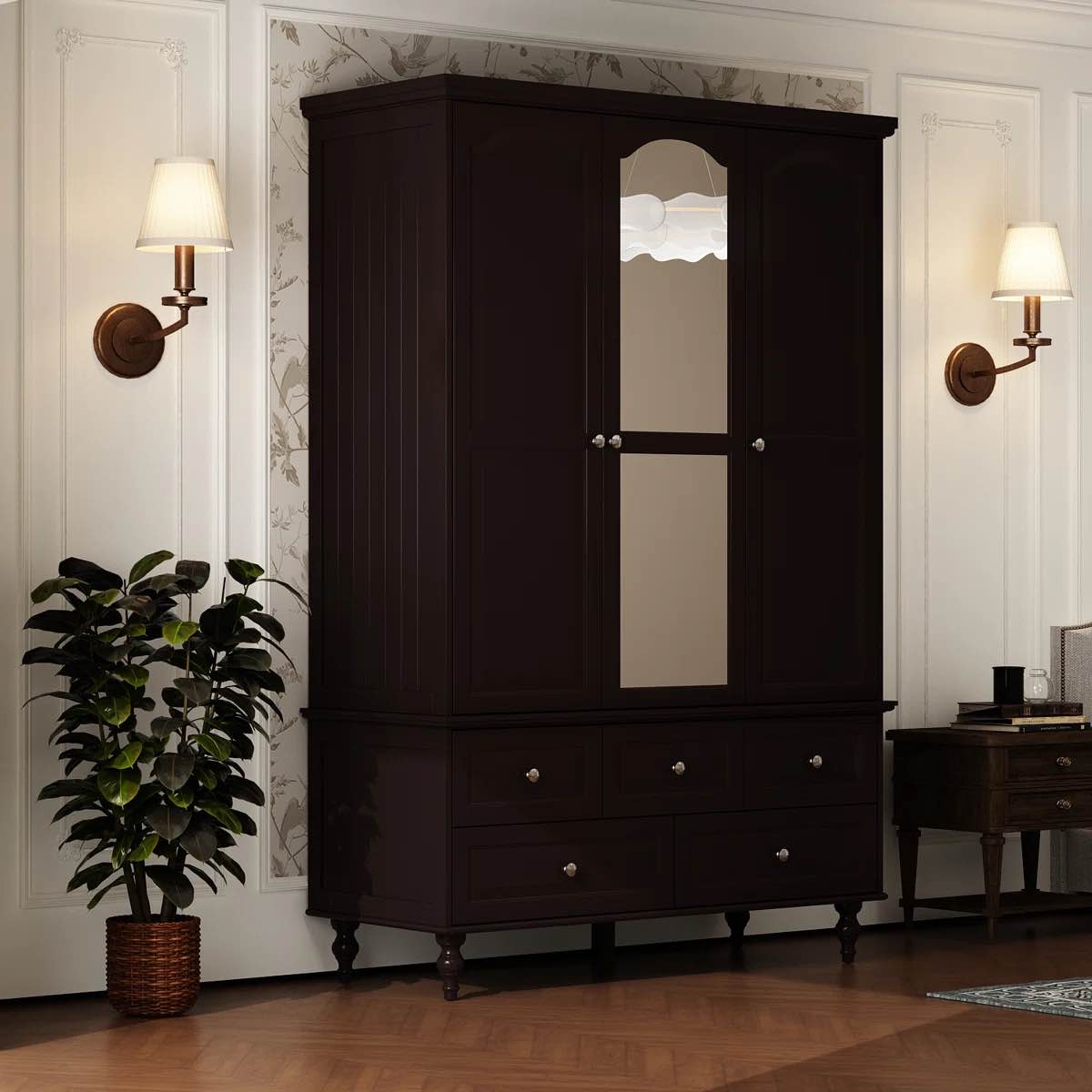 47.2'' W Wardrobe With Mirror And Hanging Poles And Drawers, INCOMPLETE BOX 1 ONLY*