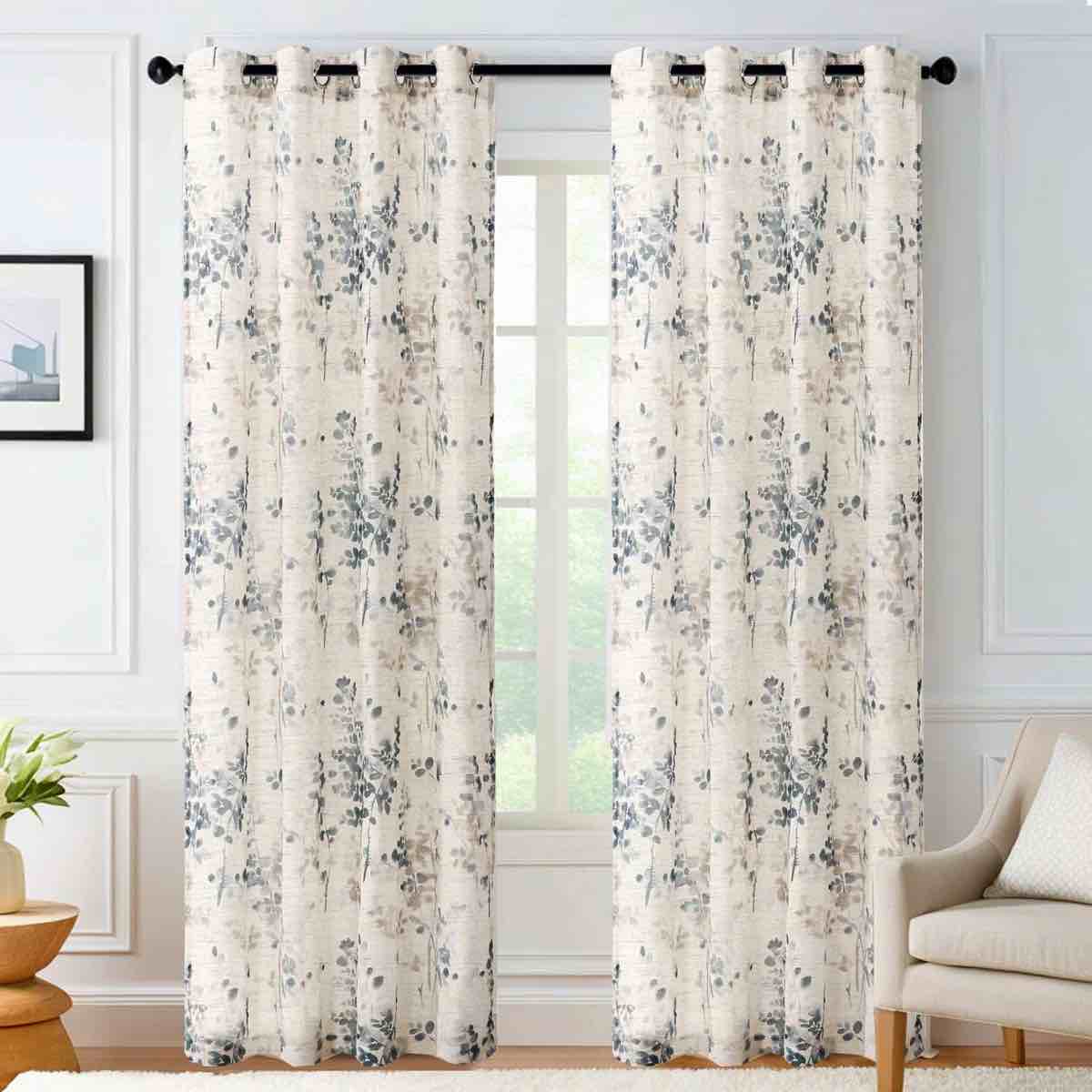 Sheer Linen Curtains Semi Sheer Curtains Draperies for Living Room/Bedroom Vintage Classical Floral Printing Window Treatment Grommet 2 Panels
