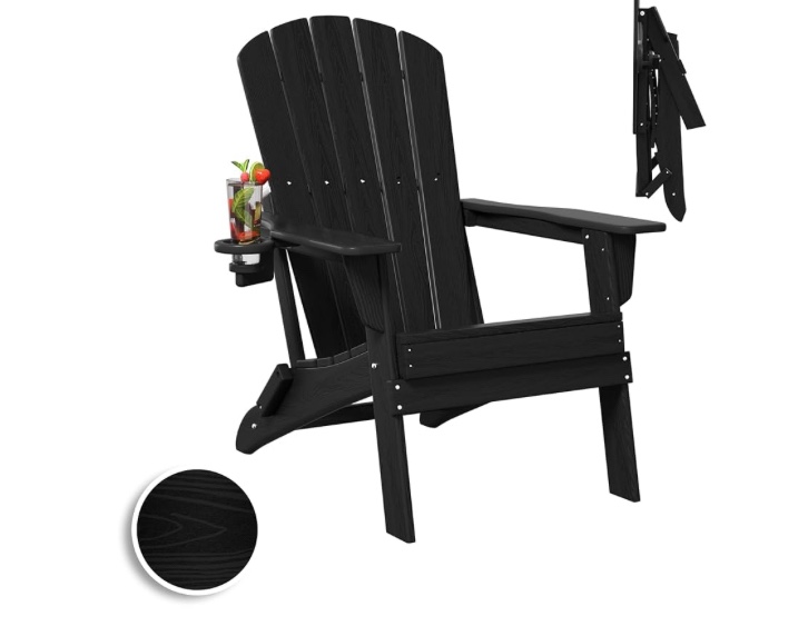 Folding Adirondack Chair, SGS Tested, Wooden Textured with Cup Holder, Heavy All-Weather HDPE Comfortable Set Poolside Backyard Lawn Black